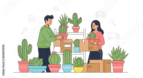 Couple moving house with their potted cacti and succulents happy homeowner lifestyle concept