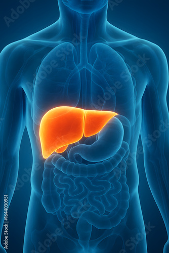 3D rendered human torso with glowing orange liver showing digestive organ anatomy Concept of hepatology liver disease health and medical science
