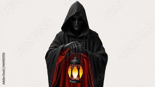 A cloaked figure in black holding a glowing lantern against a stark white background in studio shot