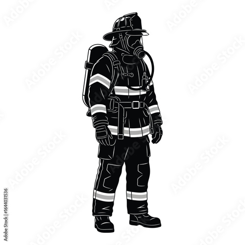 Firefighter in full protective gear and breathing apparatus standing ready