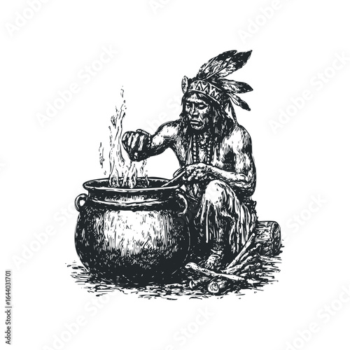 Indigenous Man in Traditional Headdress Stirring Pot Over Fire