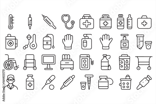 Vector Medical Icons for Health and Wellness – Thermometers, Stethoscopes, and Medical Kits