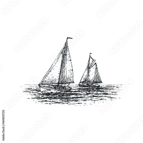 Two vintage sailing vessels glide across choppy waters in a sketched marine scene