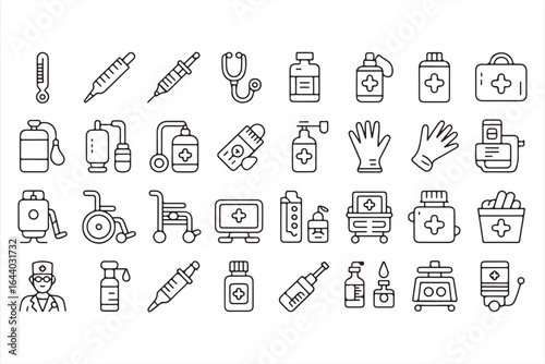 Medical Equipment and Healthcare Tools Icons Set, Stethoscope, Thermometer, First Aid Kit, and More