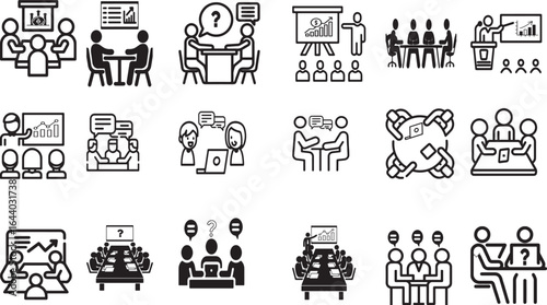 Business meeting icons depicting collaboration discussion presentation and strategy vector