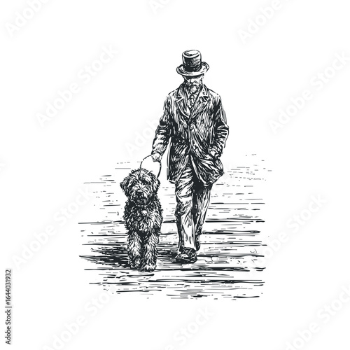 Man in formal attire with top hat walks small shaggy dog on textured ground