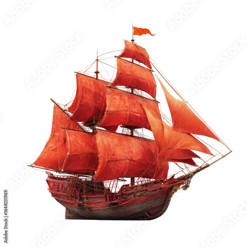 Red sailing ship at sea, historical design, ocean background, game asset