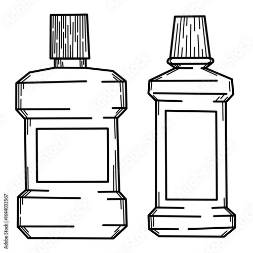Hand-drawn illustration of two mouthwash bottles with blank labels. Perfect for dental care, hygiene, packaging design, or educational materials related to oral health.