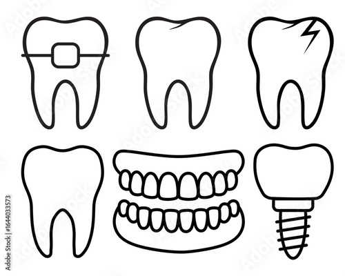 Set of dental icons: healthy tooth, tooth with braces, cracked tooth, implant, dentures, and different tooth outlines. Perfect for dentistry, orthodontics, and oral health themes.