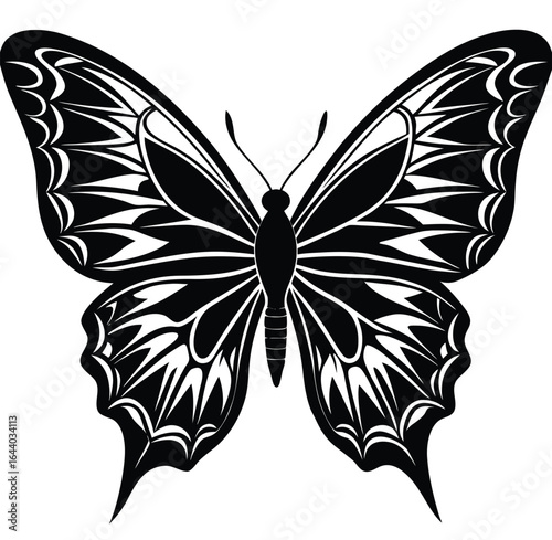 A stunning black and white butterfly tattoo design featuring a detailed illustration of a flying insect with beautiful, decorative wings