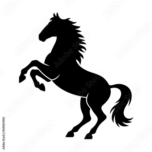 Stylized black horse silhouette on a white background with mane flowing and legs raised gracefully