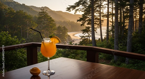 Fototapeta Naklejka Na Ścianę i Meble -  Exotic fruit cocktail in a crystal glass, villa bedroom interior with open balcony, view of towering forest trees on a cool mountain slope, golden afternoon light, distant peek of a white sand beach