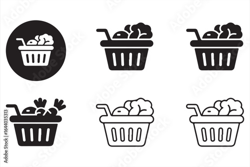 Set of grocery basket icons with fresh vegetables and produce, black and white vector illustrations