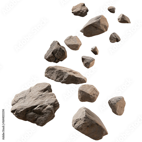Collection of realistic 3d rocks floating in isolated arrangement with natural texture pattern