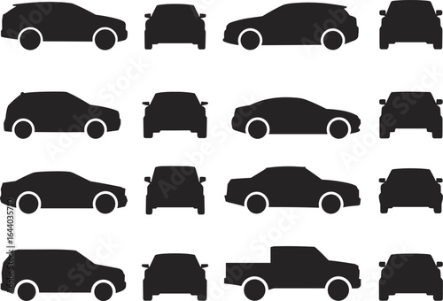 Car silhouette icon set, front and side view, vehicle shape design, automobile vector collection, transportation illustration, black car outline graphics