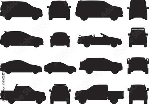 Car silhouette vector collection, vehicle side front rear view, automobile icon set, black transport shapes, sedan SUV truck convertible design illustration