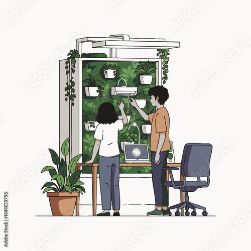 An illustration depicts two individuals tending to an innovative indoor vertical garden, highlighting modern sustainable living and smart home technology.