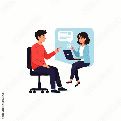 An engaging illustration depicts two individuals, a man and a woman, actively participating in a dynamic discussion or interview session, emphasizing communication and collaboration.