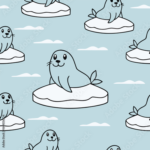 Adorable cartoon seals on ice floes with clouds seamless pattern animal cute
