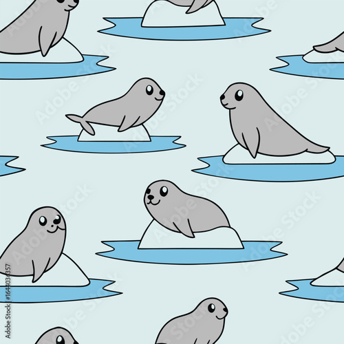 Adorable cartoon seals on ice floes in water seamless pattern animal cute
