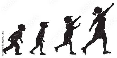 four silhouettes showing human growth stages from toddler to adult illustration for development lifecycle and maturation graphics