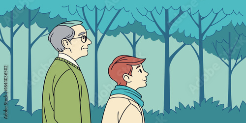 elderly person and young companion in forest setting illustration for intergenerational bonding and nature appreciation graphics