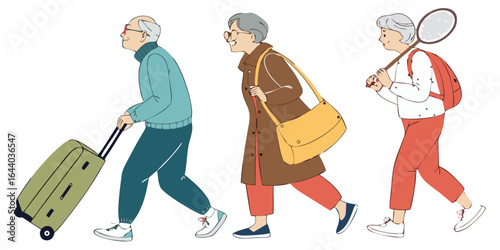 three elderly senior travelers walking with luggage illustration for mature tourism and active aging graphics