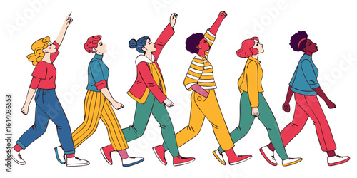 six diverse people marching together in unity illustration for solidarity protest parade and community movement graphics