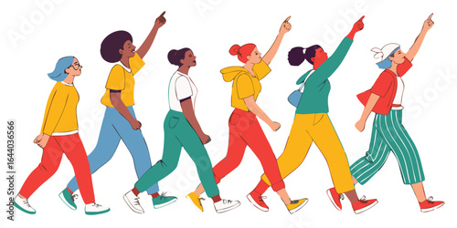 six diverse people celebrating with raised arms walking together illustration for success teamwork and victory graphics