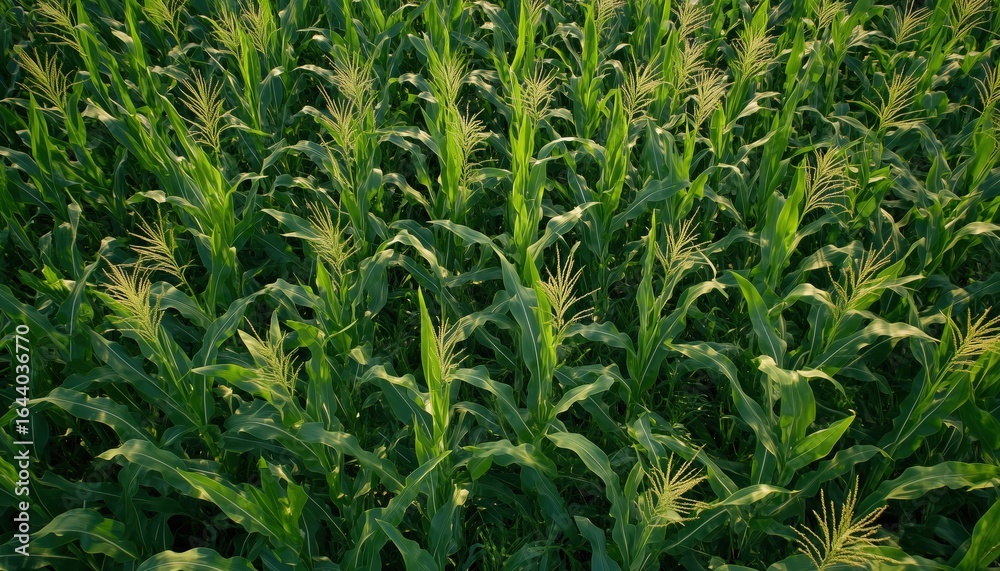 Obraz premium Aerial Drone Snapshot Of Lush Green Corn Field With Stalks And Tassels, Captured At High Quality For Stunning Imagery.