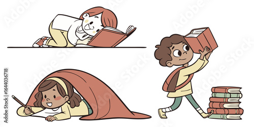 cartoon children reading books illustration with kids studying and carrying book stacks for educational content