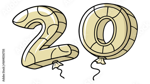 cartoon style number 20 made of two beige balloons with black outlines isolated on white background.