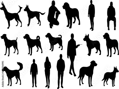 dogs and people silhouette on white background, isolated, vector
