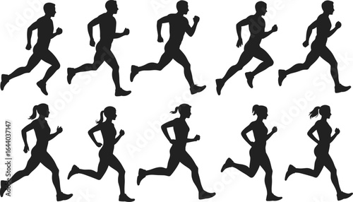 Running silhouette vector illustration, male female jogger icons, athlete exercise poses, black fitness figures, marathon race shapes, sport activity graphic design set