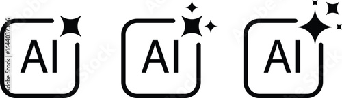 Set of AI icons with sparkle effects representing artificial intelligence, innovation, and technology. Perfect for digital, software, and futuristic designs. High-quality vector illustration set.