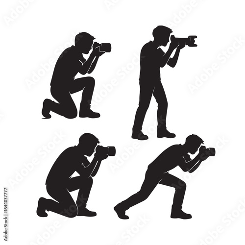 vector set of silhouettes of a group of friends taking a selfie together on the white background.