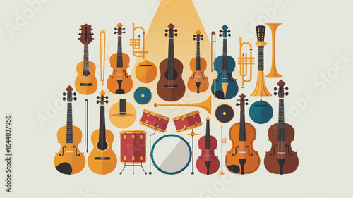 Collection of Musical Instruments Illustration with Guitars Violins Trumpets and Drums Flat Design Style Ideal for Music Education or Band Promotions