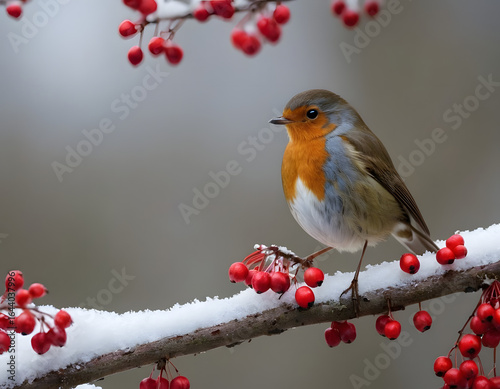 A robin perches on a snow-covered branch, surrounded by red berries.