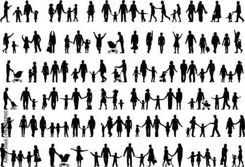 Silhouette of families with children, parents walking, holding hands, playing, pushing strollers, family relationship illustration, parenting, love, isolated on white background