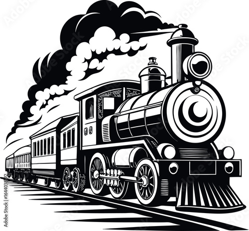 Train A vintage black steam locomotive travels along a countryside railway track, its old engine billowing white steam