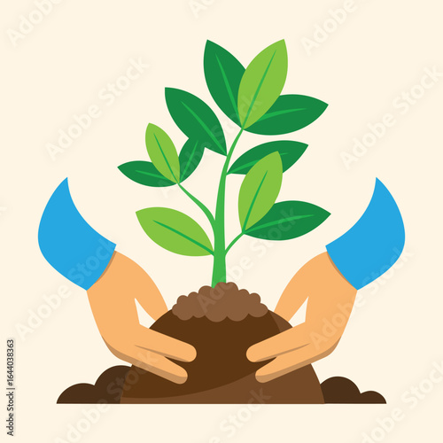 Hand holding a young green plant with soil, symbolizing new life, growth, and environmental care