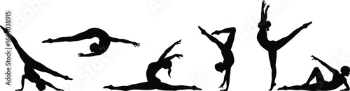 Silhouette of women performing gymnastics poses, rhythmic gymnastics, flexibility, balance, strength, dance moves, artistic performance, acrobatics, isolated on white background illustration
