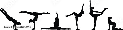 Silhouette of women performing gymnastics poses, yoga balance positions, artistic dance moves, flexibility training, acrobatics, strength exercises, isolated on white background