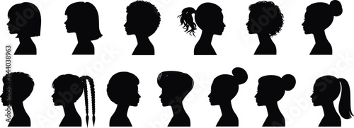 Silhouette of women hairstyles, ponytail, bun, braids, afro, profile view, female head shapes, vector illustration, beauty fashion design icons