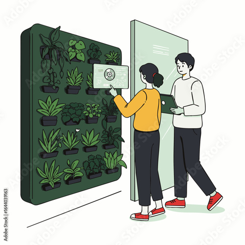 Two individuals engage with an innovative smart vertical garden system, showcasing modern sustainable urban living and technological integration with nature.