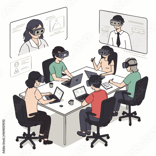 Diverse professionals engage in a futuristic virtual reality meeting, collaborating remotely within an immersive digital metaverse environment, illustrating modern teamwork.