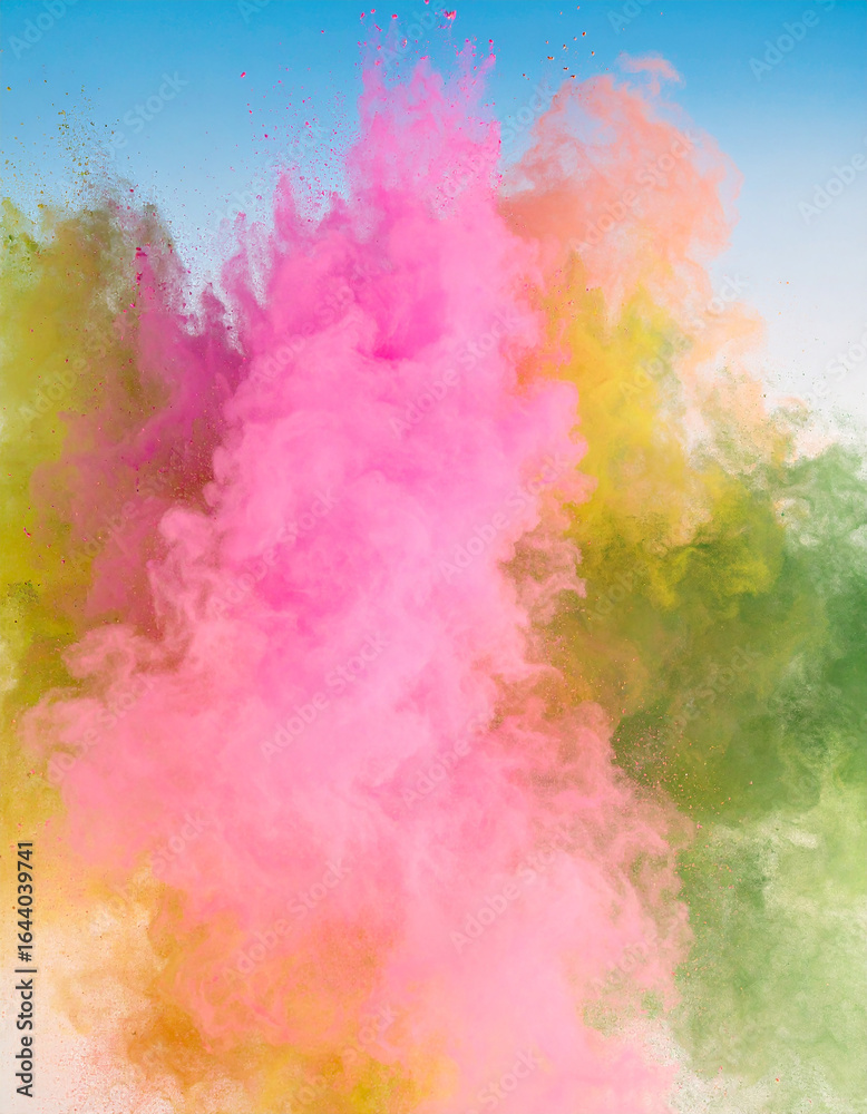 Fototapeta premium Pink and Yellow Cloud Explosion in a Blue Sky Generative AI.burst, colours, creation, drama, explosion, force, glow, warmth, contrast, power, radiance, abstract, atmosphere, cumulus, element, energy, 