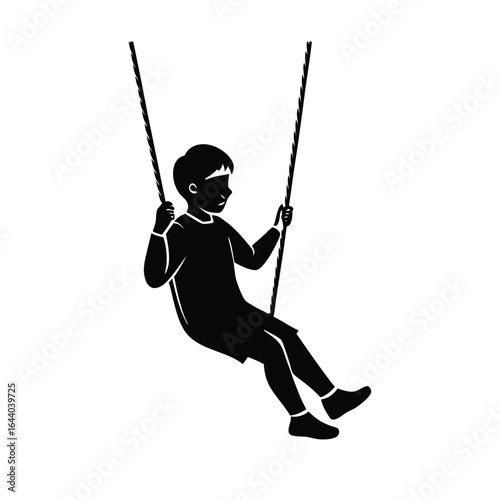 Silhouette of a boy swinging on a rope swing on white background childhood