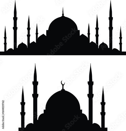  Elegant Black Silhouette of a Grand Mosque with Multiple Minarets and a Central Dome, Evoking Islamic Architecture and Cultural Heritage