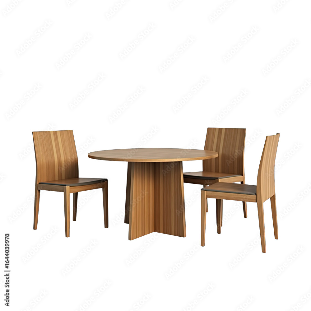 Round wooden dining table with four chairs. Round wooden dining table with four chairs.